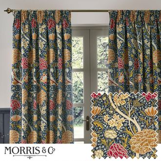 Morris & Co. Cray Floral Velvet Room Darkening Pencil Pleat Curtains in Indigo | Size: 229 cm width x 183 cm drop