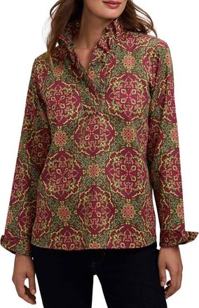 Foxcroft Tammy Medallion Print Ruffle Collar Cotton Top in Red/multi at Nordstrom, Size X-Small