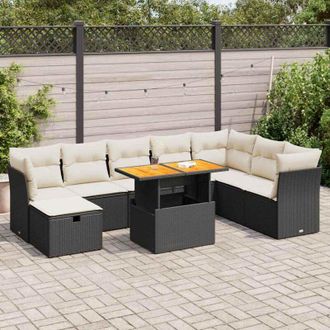 vidaXL Set Sof&aacute;s Jard&iacute;n Y Cojines 9 Pzas Rat&aacute;n Sint&eacute;tico Acacia Negro Vidaxl