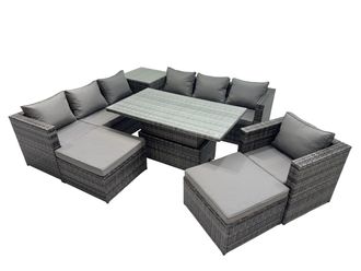 Fimous 9 Seater Outdoor Garden Rattan Furniture Set with Side Table 2 Stool in Dark Grey