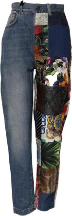 Dolce & Gabbana Patchwork High Waist Denim Jeans met Jacquard Detail - Dames - Loose Fit Jeans - Veelkleurig - XS - Denim - Jeans