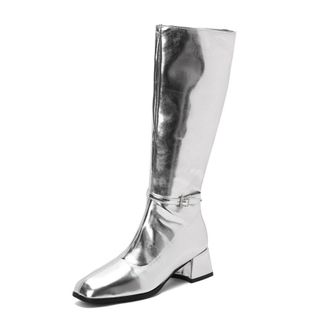 Generic Womens Chunky Heel Knee High Boots PU Leather Long Boots with Side Zipper Square Toe Party Prom Shoes with Buckle,Silver,5.5 UK
