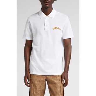 Versace Seashell Baroque Logo Cotton Piqu&eacute; Polo in 1W000-Optical White at Nordstrom, Size X-Large