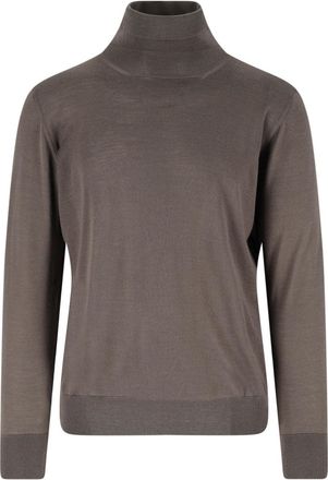 Caruso Brown High Neckline Ribbed Knit Sweater