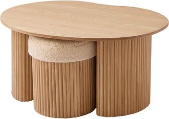 Nordlys Mesa de centro de madera con 2 otomanas de lana blanca