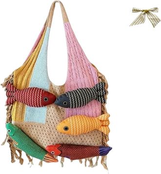 Generic 3D Fish Knitted Tote Bag,Cute Cartoon Fish Patchwork Shoulder Bags,Large Capacity Bohemian Hobo Handbag for Travel Vacation (A)