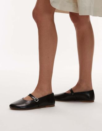 Topshop Ash leather ruched ballet flat shoes with buckle in black