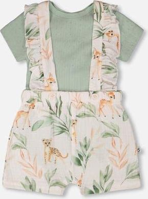 Deux par Deux Pointelle Bodysuit and Cotton Muslin Peach Deer Printed Shortall Set in Green And Peach Deer Print at Nordstrom, Size 24M