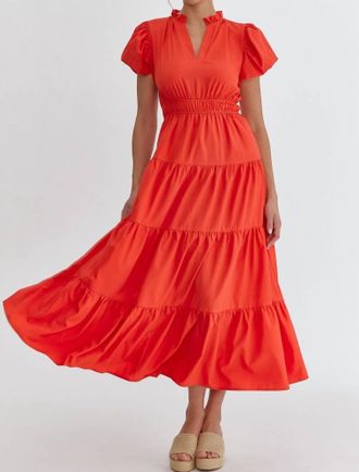 Entro Bubble Sleeve V-Neck Tiered Dress