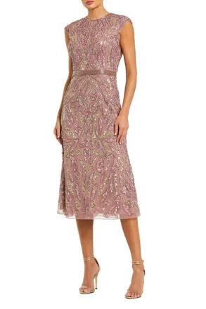 Mac Duggal Sequin High Neck Sleeveless Midi Cocktail Dress in Vintage Lilac at Nordstrom, Size 10
