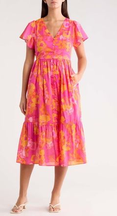 Sugarlips Elaris Floral Blissa Cotton Button-Up Midi Dress in Fuchsia-Orange-Mul at Nordstrom, Size X-Small