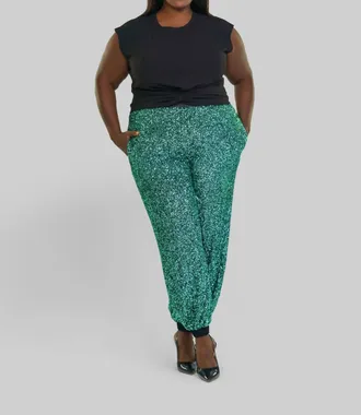 Bl^nk London Sequin Pull-On Joggers - Plus In Green Sequin