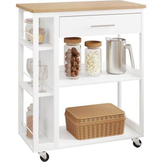 Woltu Carrello da Cucina in Legno. Mobiletto Portaoggetti con Ruote Girevoli. Cassetto e Ripiani Aperti. Carrellino Salvaspazio Porta Microonde. Bianco