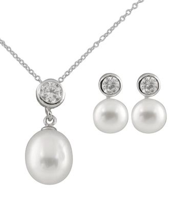 Splendid Pearls Rhodium Plated 7-9Mm Pearl Cz Necklace & Earrings Set