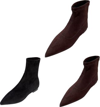 Generic UK 5 Womens Pointed Toe Flat Ankle Boots Low Heel Mid Calf Boots Ladies Fashion Faux Suede Soft Sole Comfort Walking Shoes Retro Wide Fit Casual Slip 