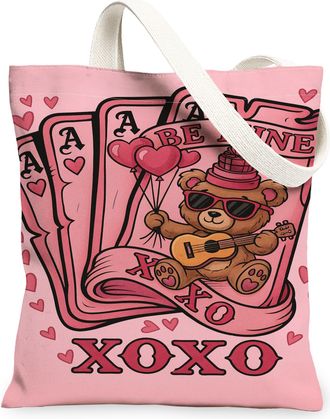 Generic ValentineS Day Peach Canvas Tote Bags, Cute Bear Pattern Reusable Shopping Bags, Lightweight Washable Shoulder Strap, Peach, 13x15 Inch