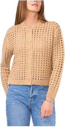 Vince Camuto Pointelle Long Sleeve Cardigan Womens Sweater Latte Heather : LG, Acrylic/Polyester/Spandex