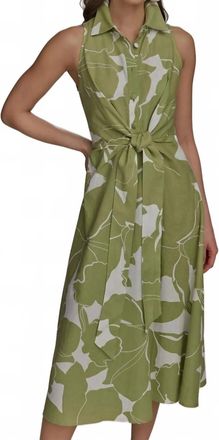 DKNY Printed Linen Blend Shirt Dress In Green