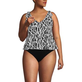 Lands End Plus Size DD-Cup Tie Shoulder Flutter Tankini Top in Black/white Vine Floral at Nordstrom, Size 20W