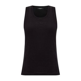 Balmain Sleeveless Tops, female, Black, Size: XS Top with embroidered logo