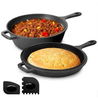 MegaChef 10.5 Inch 2-in-1 Pre-Seasoned Cast Iron Skillet and Fry Pan Set in Black at Nordstrom