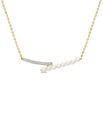 Rina Limor Gold Over Silver 0.18 Ct. Tw. White Topaz 4-4.5Mm Pearl Necklace