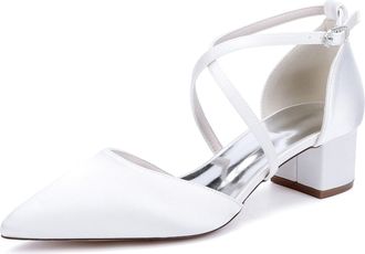 Generic Women Satin Chunky Bridal Shoes Low Wedding Heels Cross Strappy Wedding Evening Dress Shoes Pumps 4.5Cm,White,10 UK
