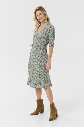 Cream Jurk Feminine Green Pink Flowers multicolour