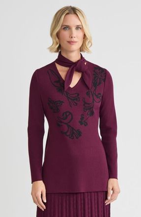 Ming Wang Tie-Neck Floral Jacquard Soft Knit Tunic in Midnight Violet/black at Nordstrom, Size X-Small P