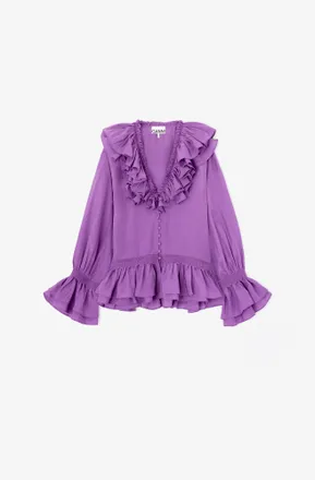 Ganni Bright Violet Blouse in Viscose Silk - Size 10/12