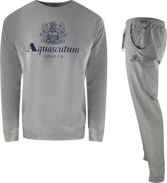 Aquascutum Mens Old School Crewneck Grey Track Pants Set Cotton - Size X-Large