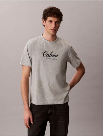 Calvin Klein Jeans Calvin Klein Mens Calvin Script Logo Graphic Relaxed T-Shirt - Light/Pastel Grey - 2XL