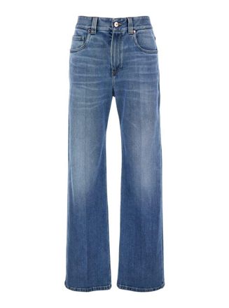 Brunello Cucinelli Blue Jeans With Logo Patch On The Rear And Faded Effect In Denim Woman
