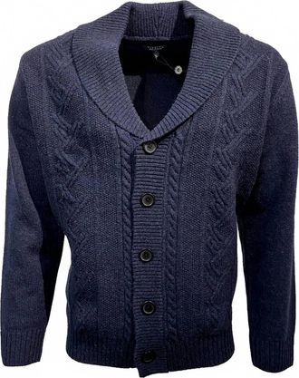 Viyella Mens Shawl Collar Wool Blend Button-Front Cable Knit Cardigan Sweater In Indigo