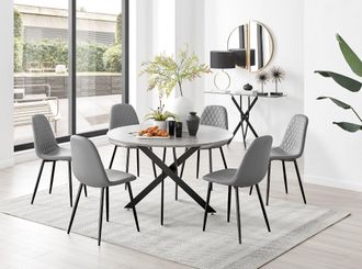 Furniturebox Novara Grey Concrete Effect Black Leg 120cm Round Dining Table & 6 Corona Black Leg Chairs