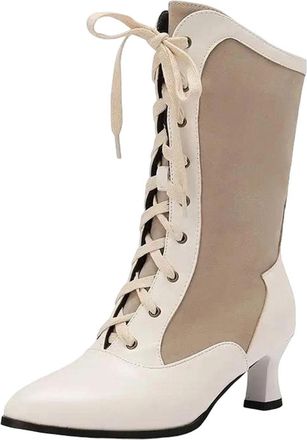 Generic Womens Retro Mid Calf Boots Round Toe High Strange Style Heel With Lace Up Front And Color Block Pattern