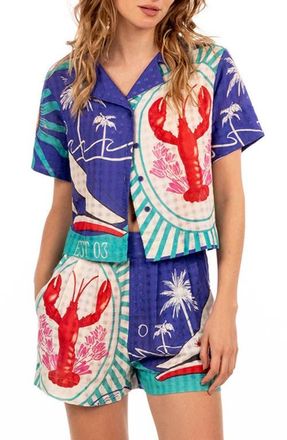 Agua Bendita Prim Alina Crop Cotton Cover-Up Shirt in Blue Multicolor at Nordstrom, Size Medium
