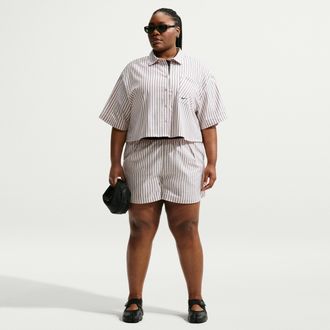 Nike Womens Nike Sportswear Chill Poplin Loose Mid-Rise Striped Shorts (Plus Size) in Brown | IO6996-286