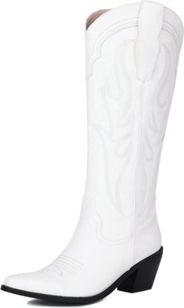 Generic Womens Western Knee-High Boots Faux Leather Rhinestone Embroidery Pointed Toe Mid Chunky Block Heels Soft Lining Durable Non-Slip Design,White,6.5 UK