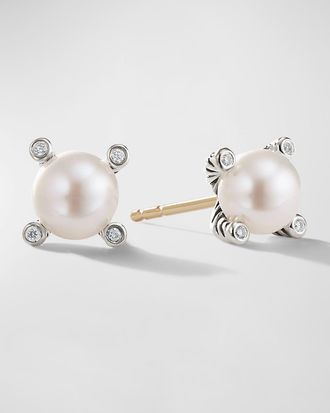 David Yurman Cable Collectibles Pearl Earrings with Diamonds and Silver, 7mm
