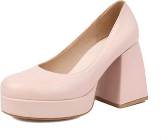 Generic Womens Round Toe Platform Pumps Slip-On Dress Shoes High Chunky Block Heel Soft Lightweight Comfortable Non Slip for Office Evening Party Wear,Pink,8.