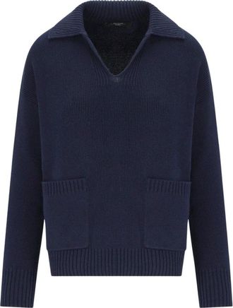 Max Mara Saloon Polo Sweater - Dames - V-hals truien - Blauw - XS - Katoen - Truien & Vesten