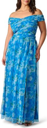 Adrianna Papell Sweetpea Off the Shoulder Tulle Gown in Blue Multi at Nordstrom, Size 14W