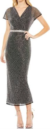 Mac Duggal Womens V-Neck Cap Sleeve Formal Dress In Black Silver