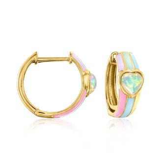 Ross-Simons Opal Heart Hoop Earrings With Multicolored Pastel Enamel in 18kt Gold Over Sterling