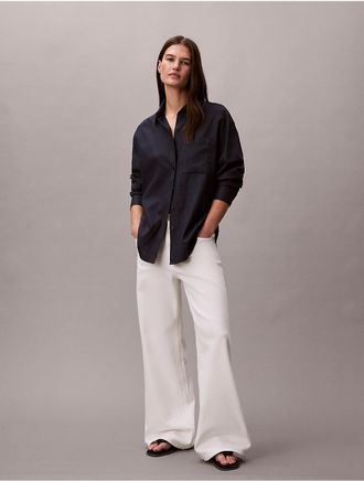 Calvin Klein Jeans Calvin Klein Womens Linen Blend Relaxed Button-Down Shirt - Blue - L