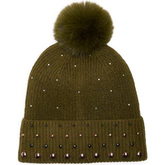 BCBGeneration Studded Faux Fur Pompom Beanie in Olive at Nordstrom Rack