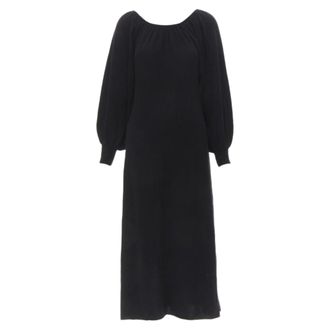 Ryan Roche 100% cashmere black pleated collar bubble sleeve midi dress S