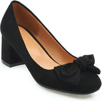 Generic Womens Block Heel Court Shoes Slip-On Suede Everyday Casual Pumps Evening Party Heels with Bow,Black,6.5 UK