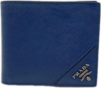 Prada Saffiano Blue Leather Bill Wallet (Bi-Fold) (Pre-Owned)